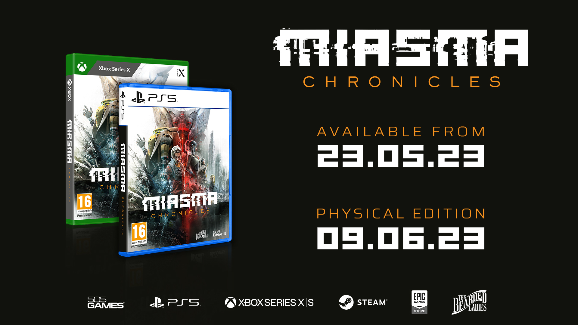 An image showing the Miasma Chronicles Release Date. Digital, May 23rd, 2023 & Physical, June 9th. 2023