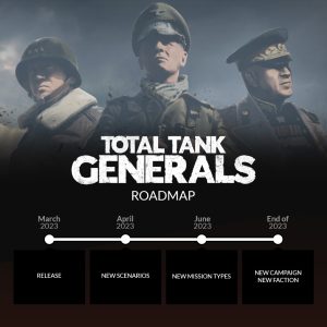 Total Tank Generals - an image depicting 3 men, in army general uniform. Featuring the roadmap of Total Tank Generals